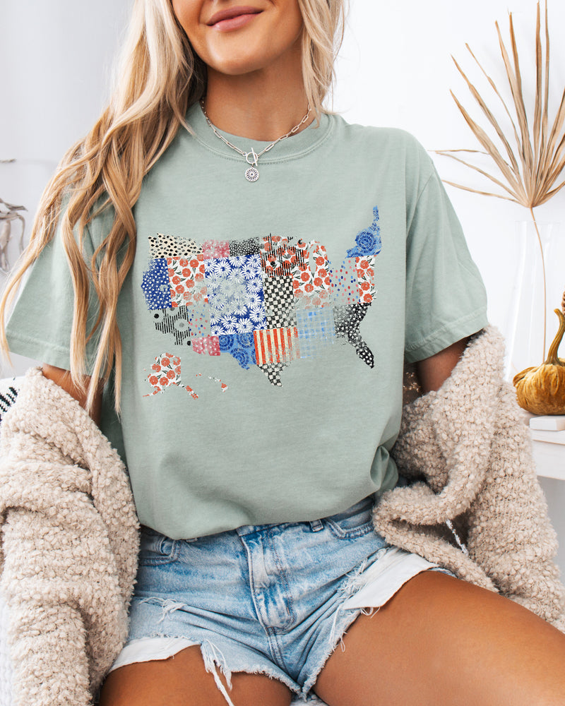 America map USA map Flag flower Garment Dyed T Shirt