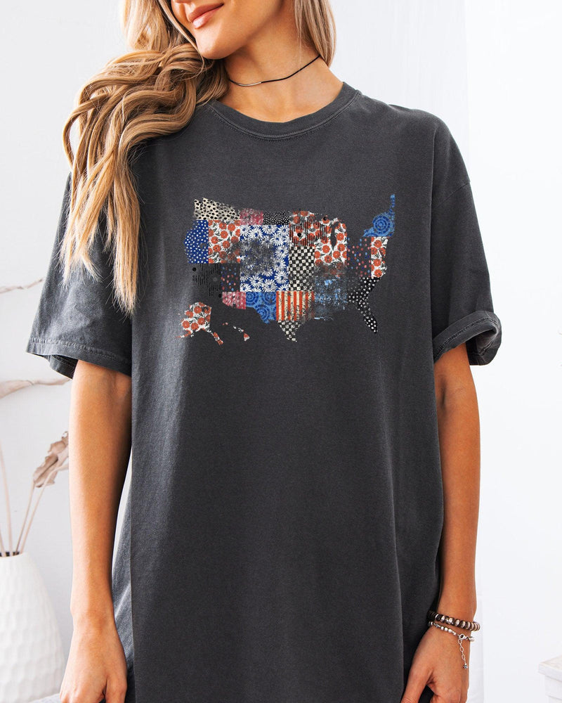 America map USA map Flag flower Garment Dyed T Shirt