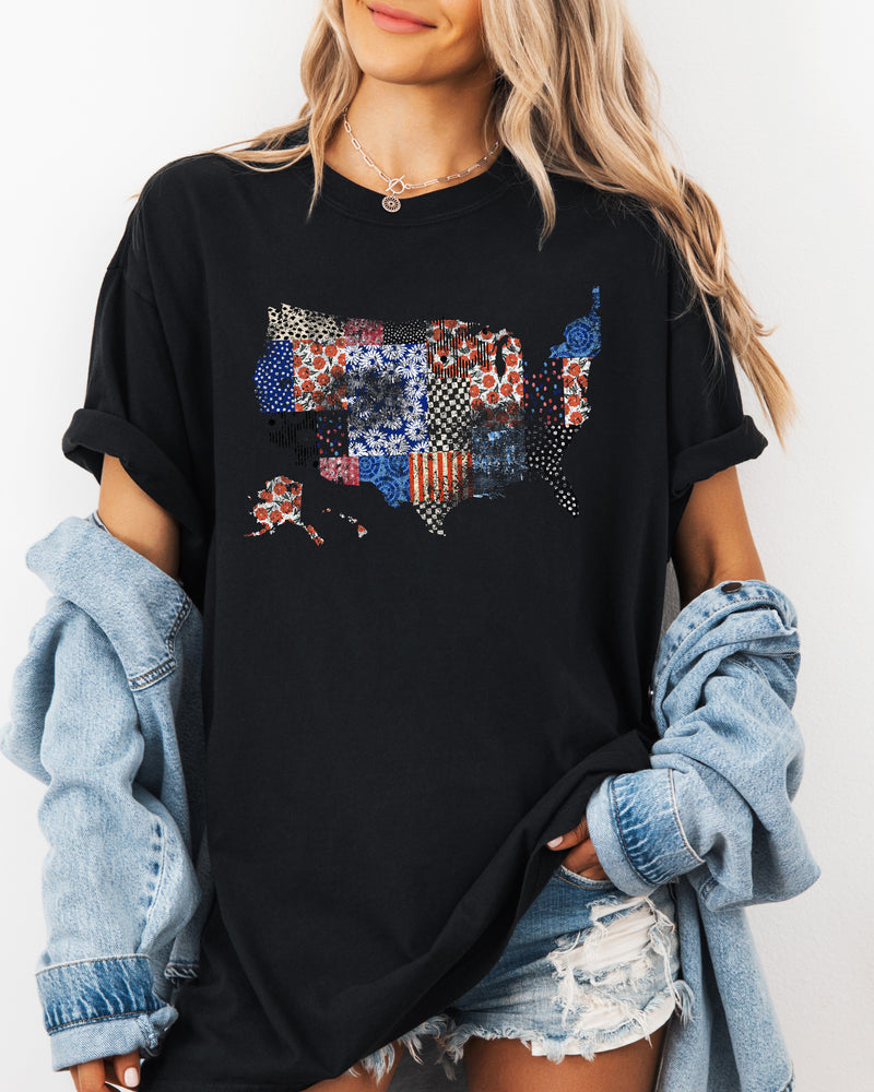 America map USA map Flag flower Garment Dyed T Shirt