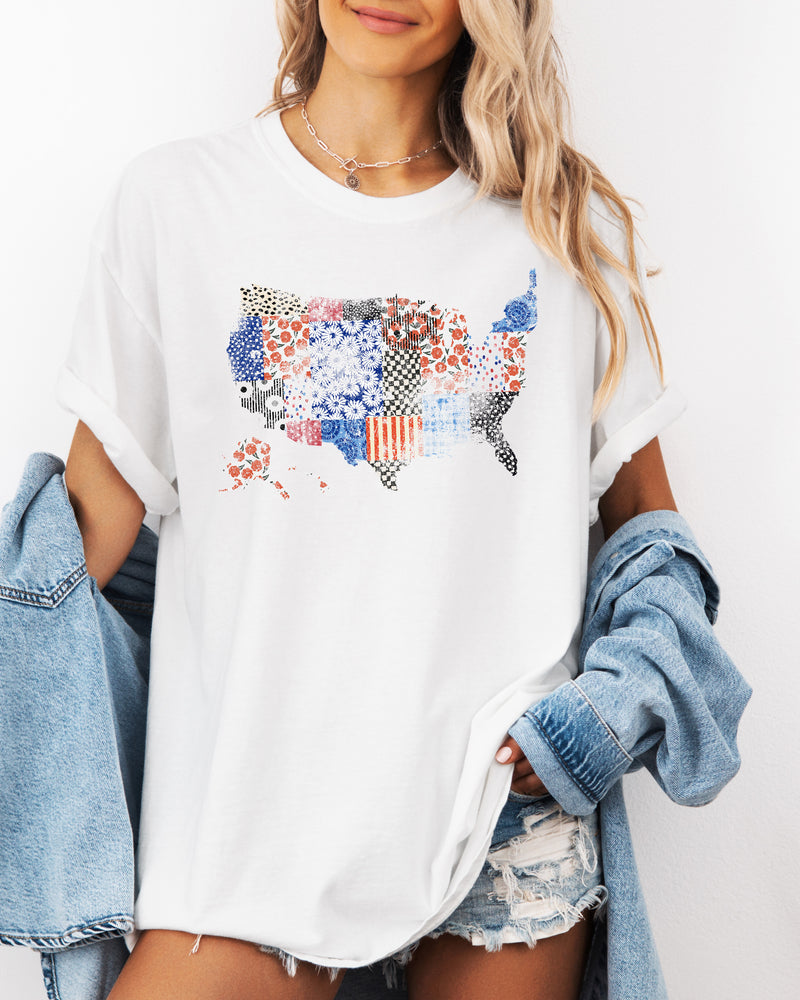 America map USA map Flag flower Garment Dyed T Shirt