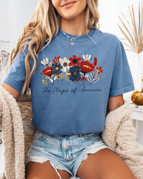 America the Magic of America USA Flag flower Garment Dyed T Shirt