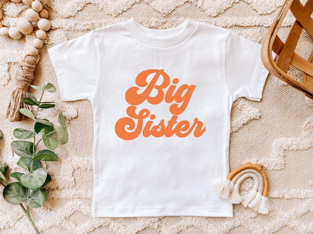Big Sister Baby And Toddler Sibling T Shirt (Groovy Orange)