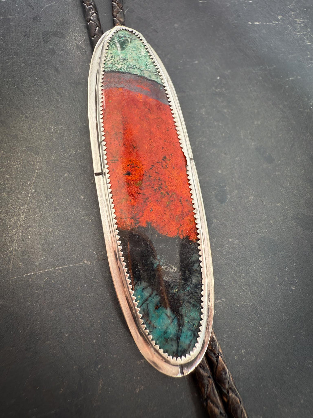 Sonoran Sunset Bolo Tie | Sterling Silver & Chrysocolla-Cuprite Stone | Handmade in Durango