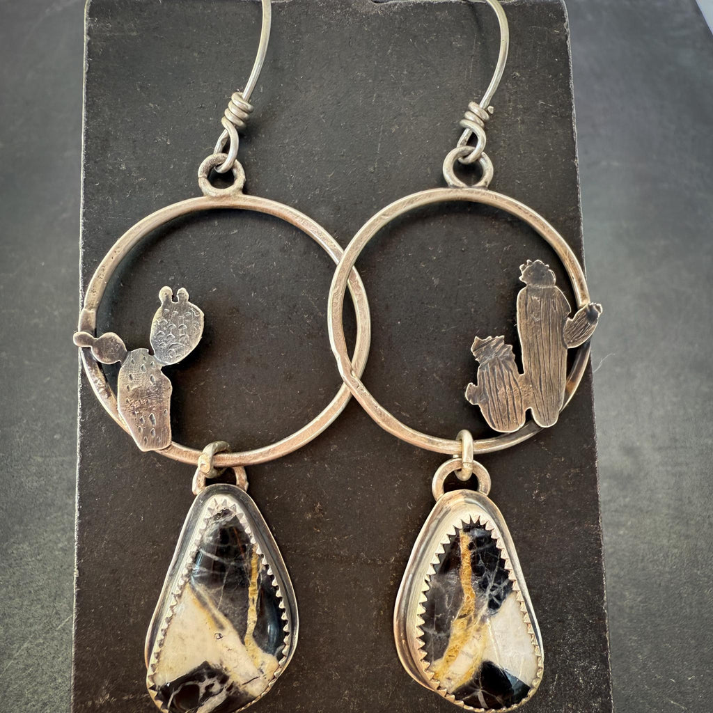 White Buffalo Turquoise Hoop Earrings in Sterling Silver with Hand-Sawn Cactus Design