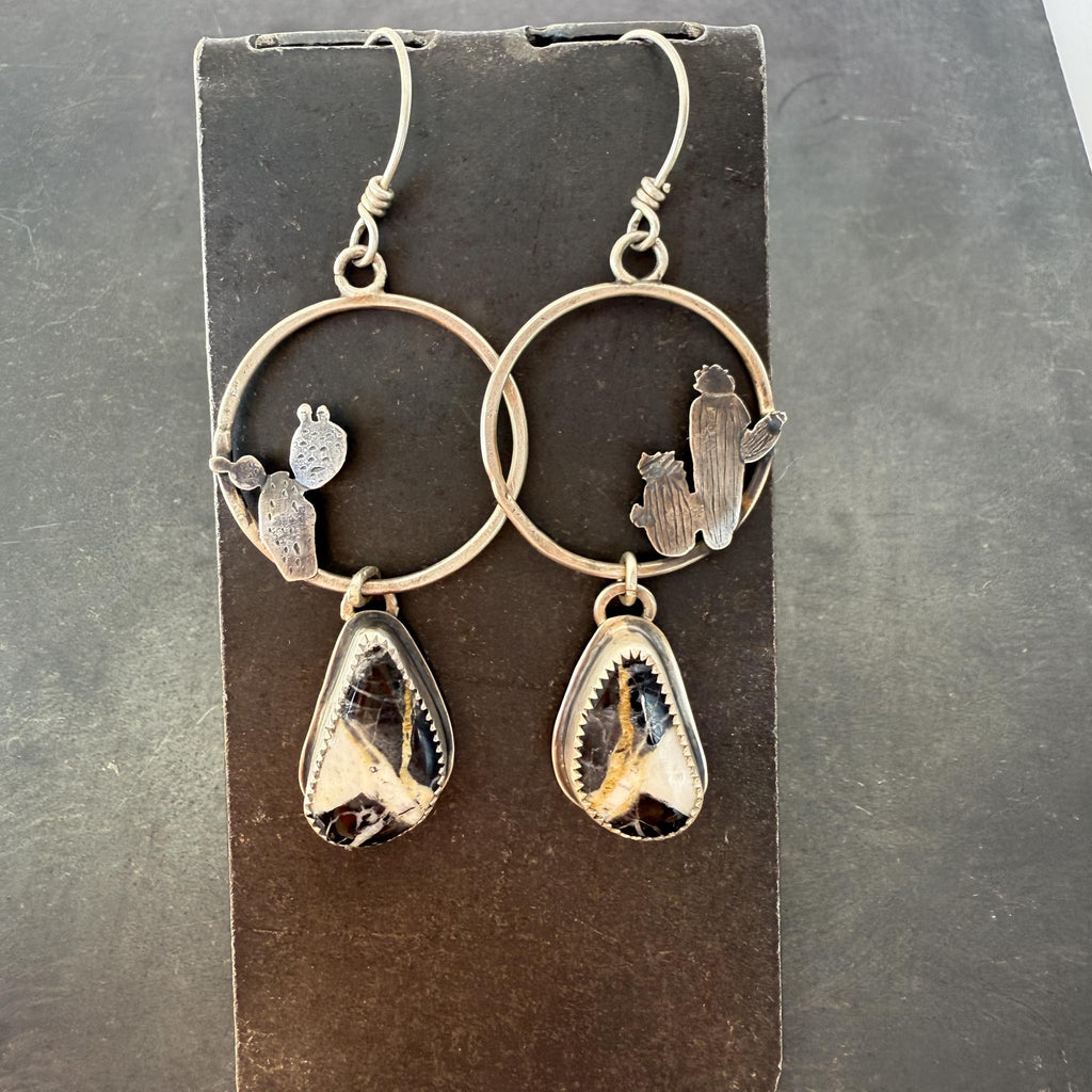 White Buffalo Turquoise Hoop Earrings in Sterling Silver with Hand-Sawn Cactus Design