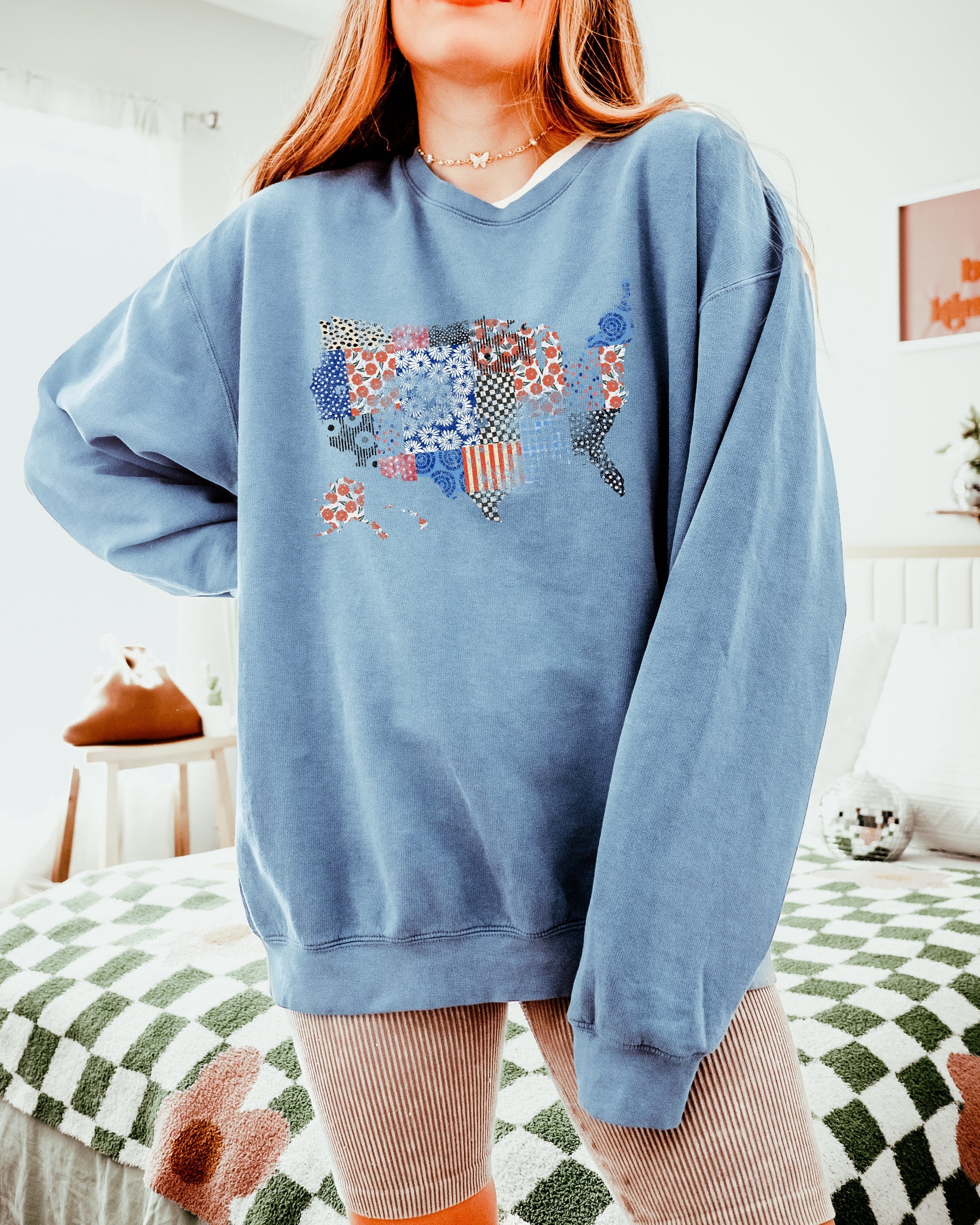 Floral United States Flag Great America Garment Dyed Comfort Colors Sweatshirt
