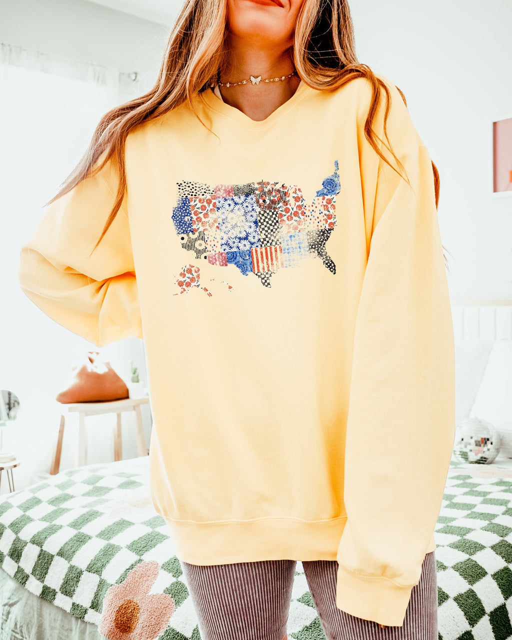 Floral United States Flag Great America Garment Dyed Comfort Colors Sweatshirt