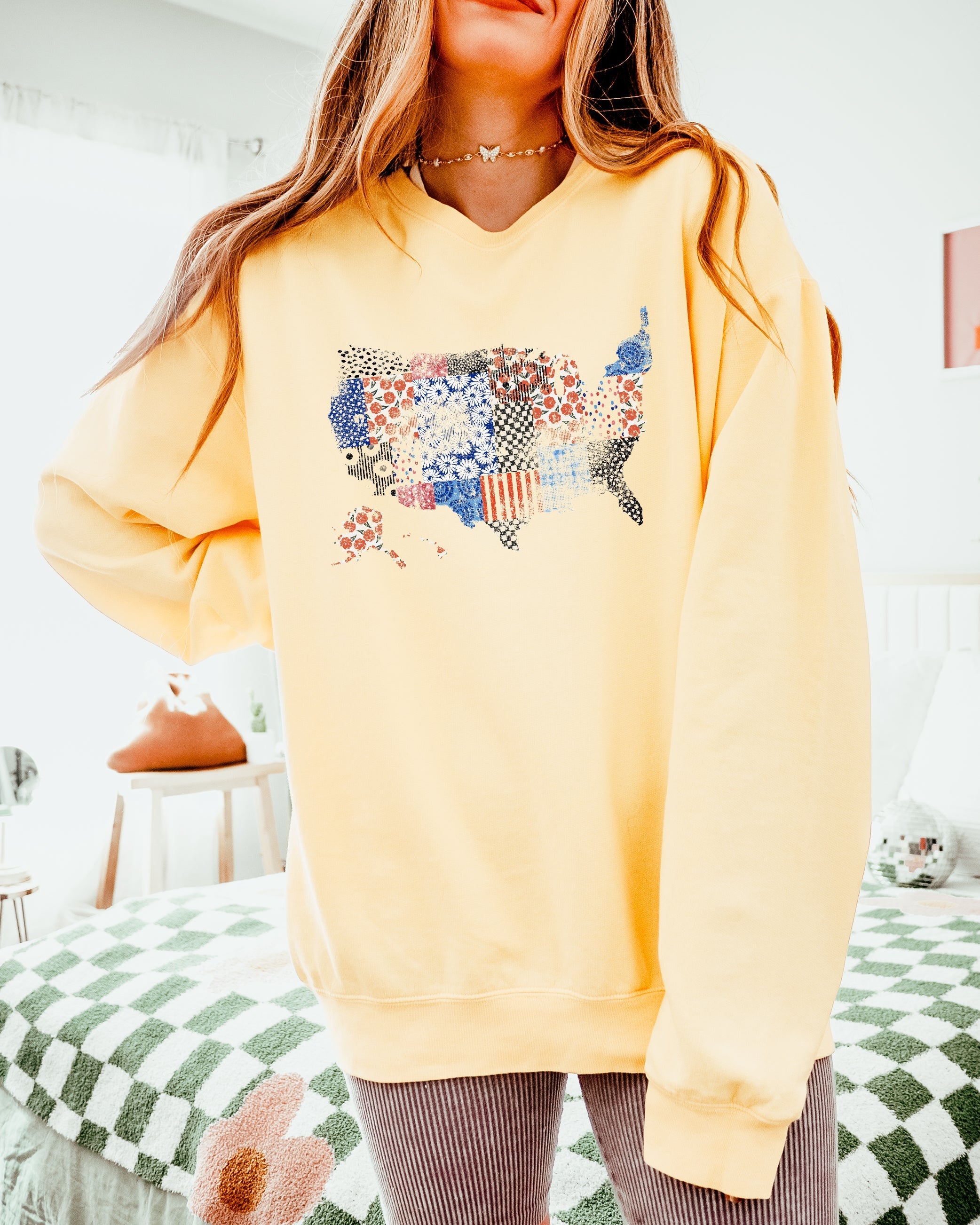Floral United States Flag Great America Garment Dyed Comfort Colors Sweatshirt
