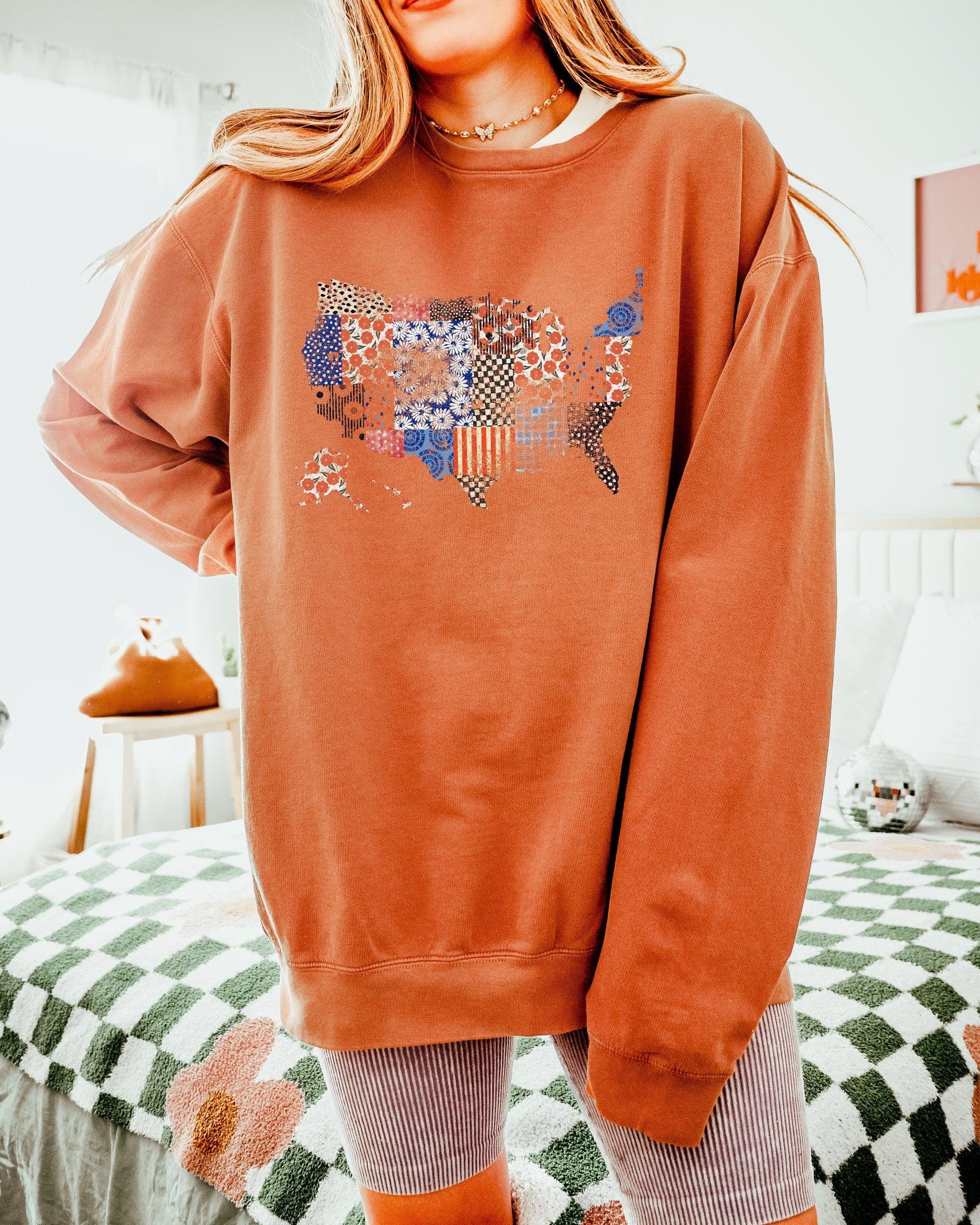 Floral United States Flag Great America Garment Dyed Comfort Colors Sweatshirt