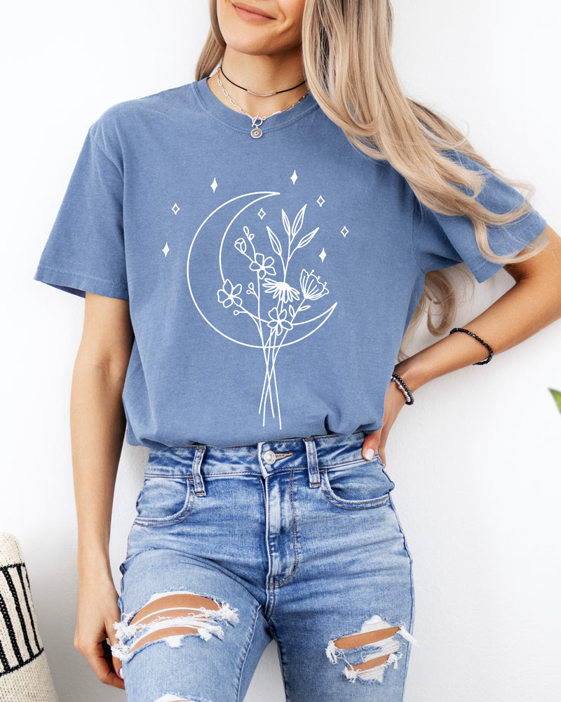Flower and Moon Nature botanical Garment Dyed T Shirt