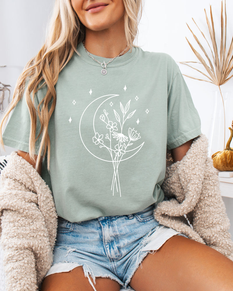Flower and Moon Nature botanical Garment Dyed T Shirt