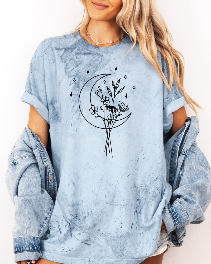 Flower and Moon Nature botanical Garment Dyed T Shirt
