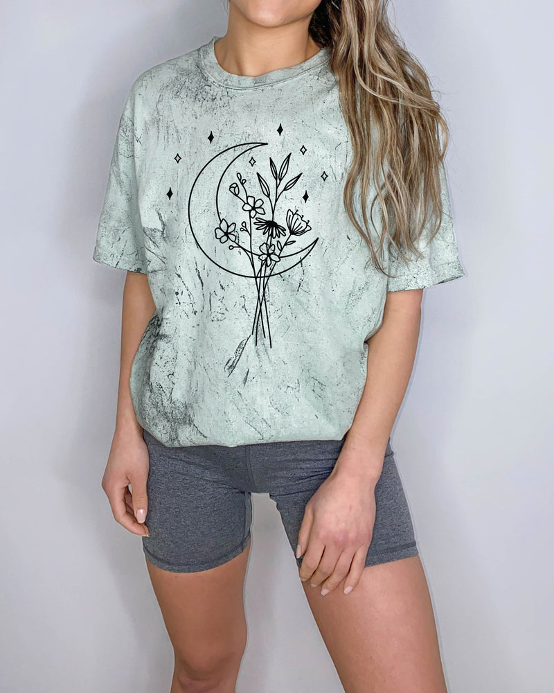 Flower and Moon Nature botanical Garment Dyed T Shirt