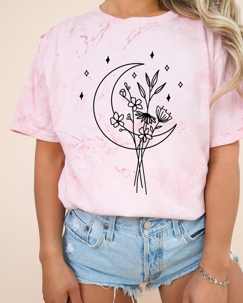 Flower and Moon Nature botanical Garment Dyed T Shirt