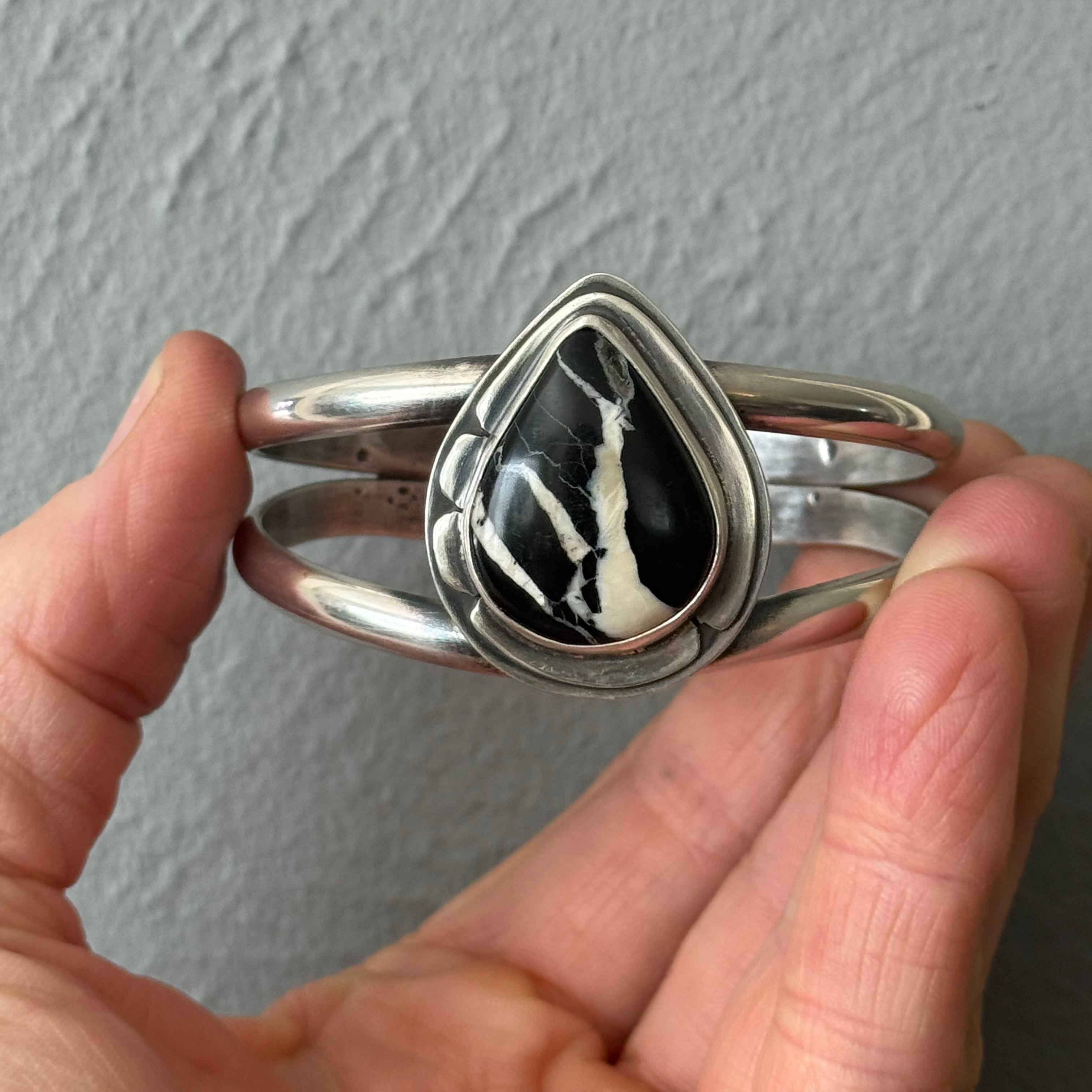 White Buffalo Turquoise Cuff Bracelet | Sterling Silver Teardrop Statement Cuff | Stand Collection