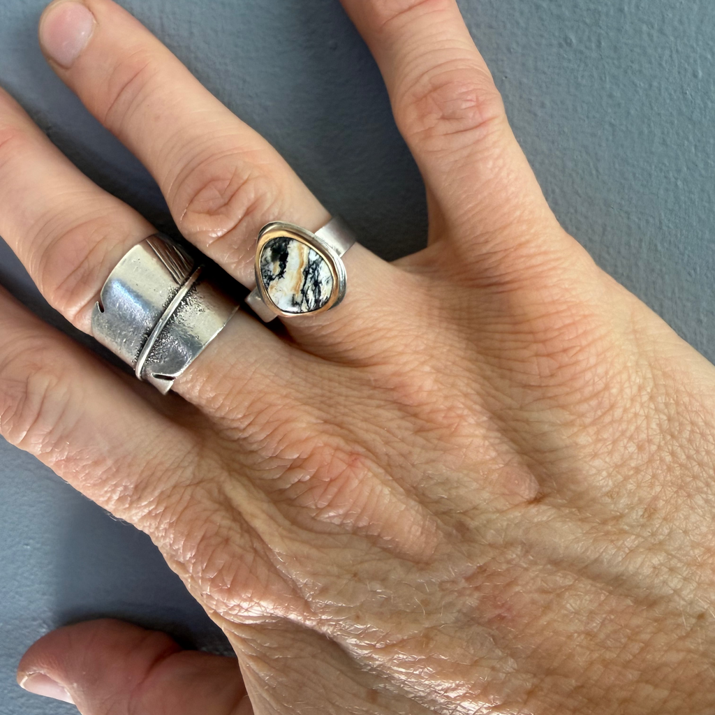 White Buffalo Turquoise Petite Ring | Gold Fill Bezel Sterling Silver Band | Stand Collection