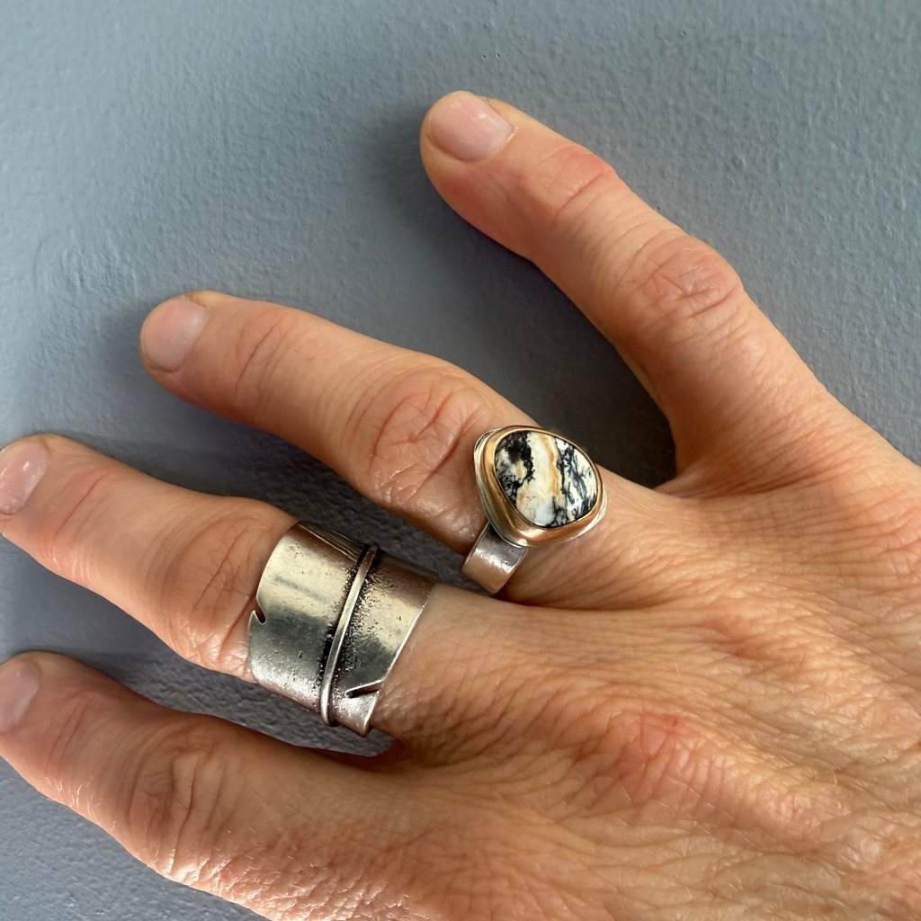White Buffalo Turquoise Petite Ring | Gold Fill Bezel Sterling Silver Band | Stand Collection