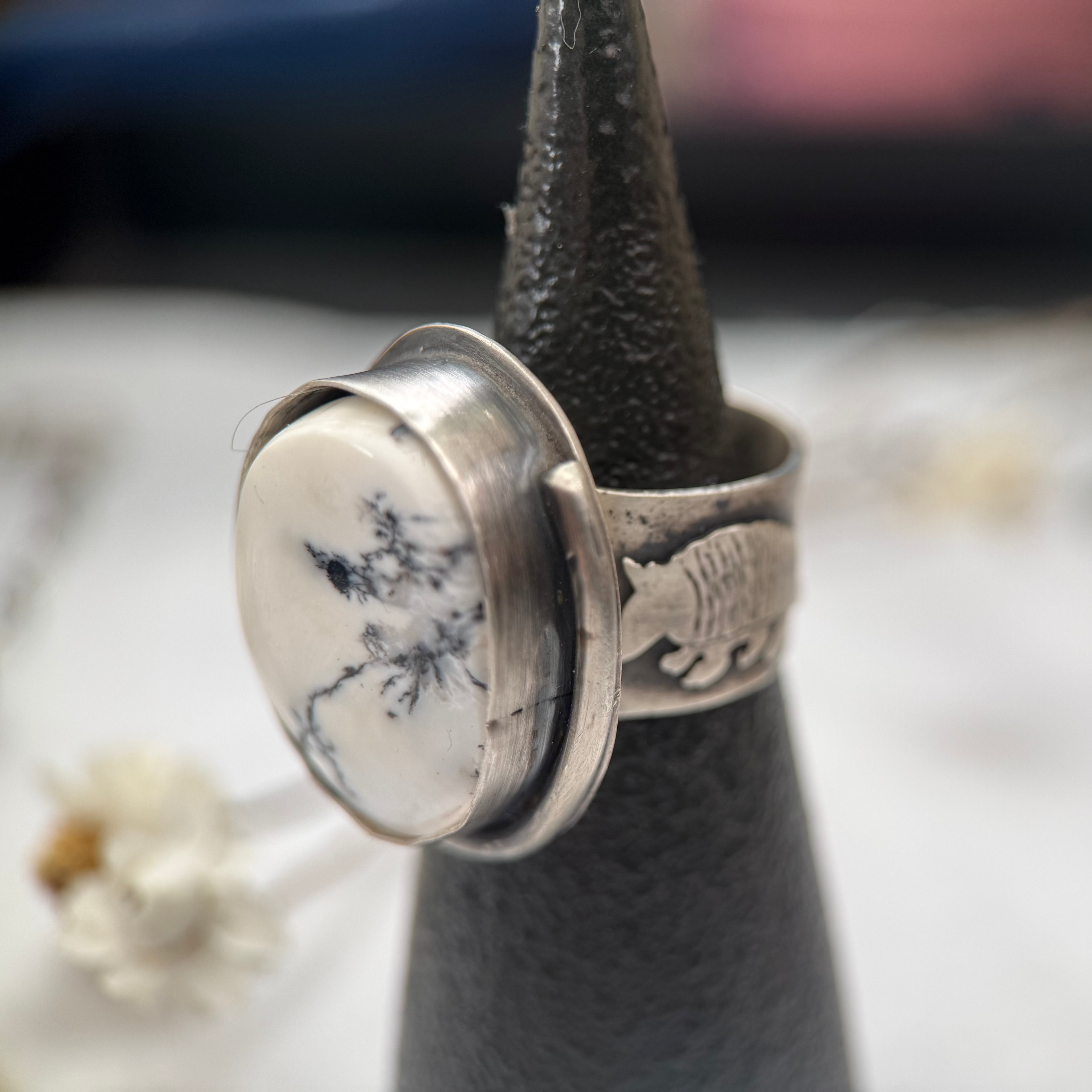White Buffalo Turquoise Statement Ring | Sterling Silver Armadillo Serpent Band | Made to finish