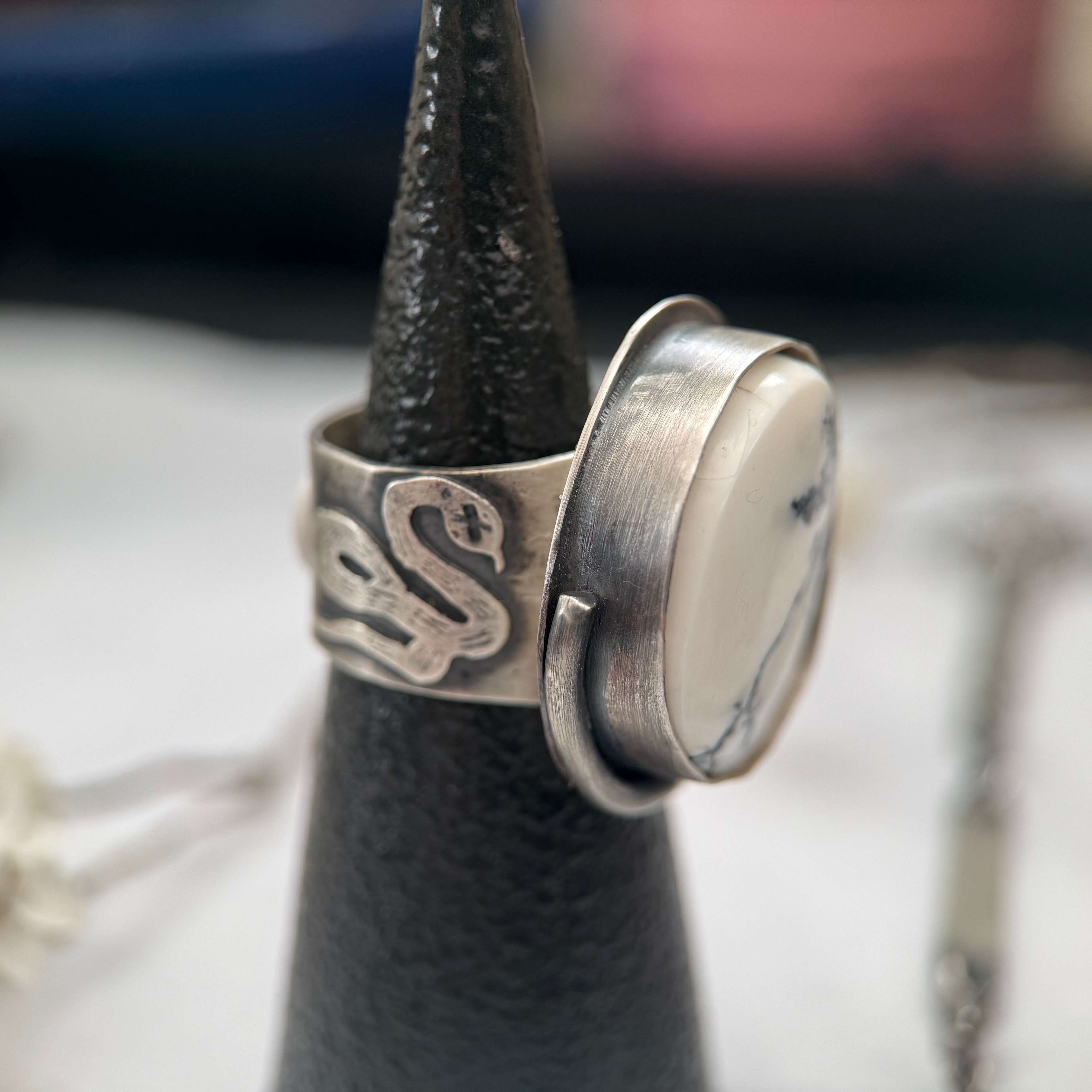White Buffalo Turquoise Statement Ring | Sterling Silver Armadillo Serpent Band | Made to finish