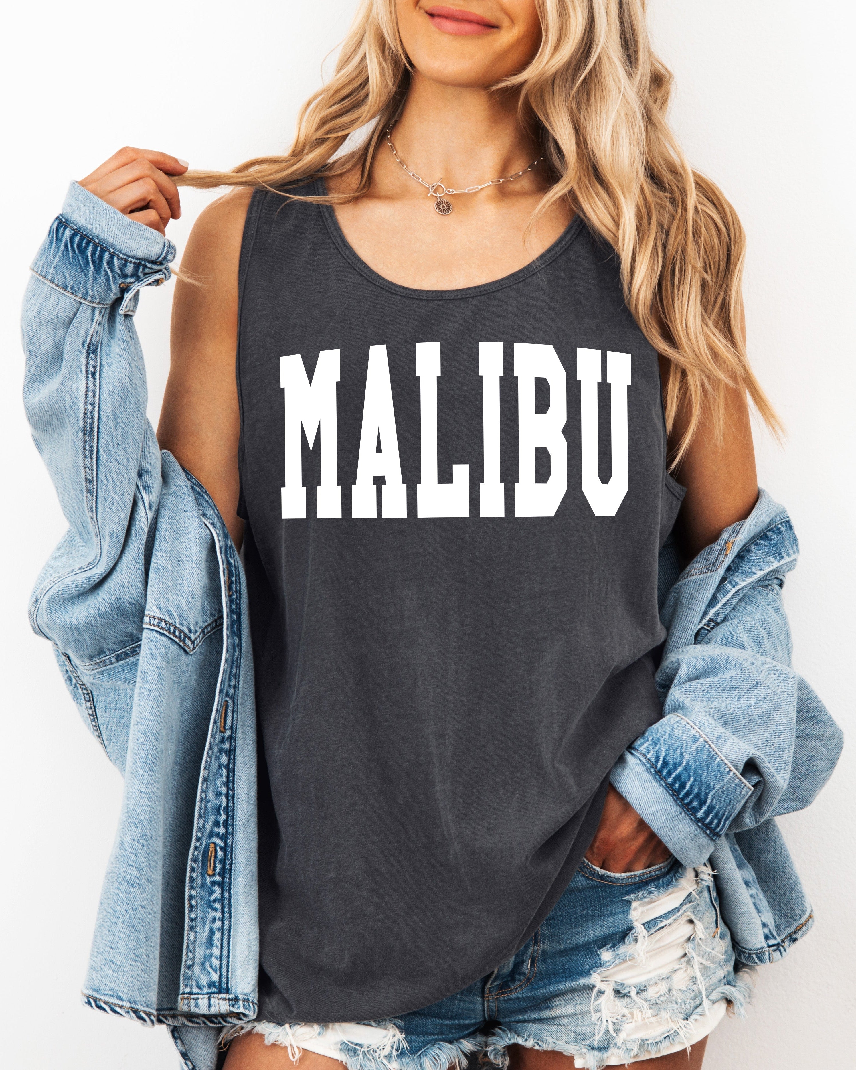 Malibu California State City Comfort Colors Tank Top – Coastal USA Travel Summer Graphic