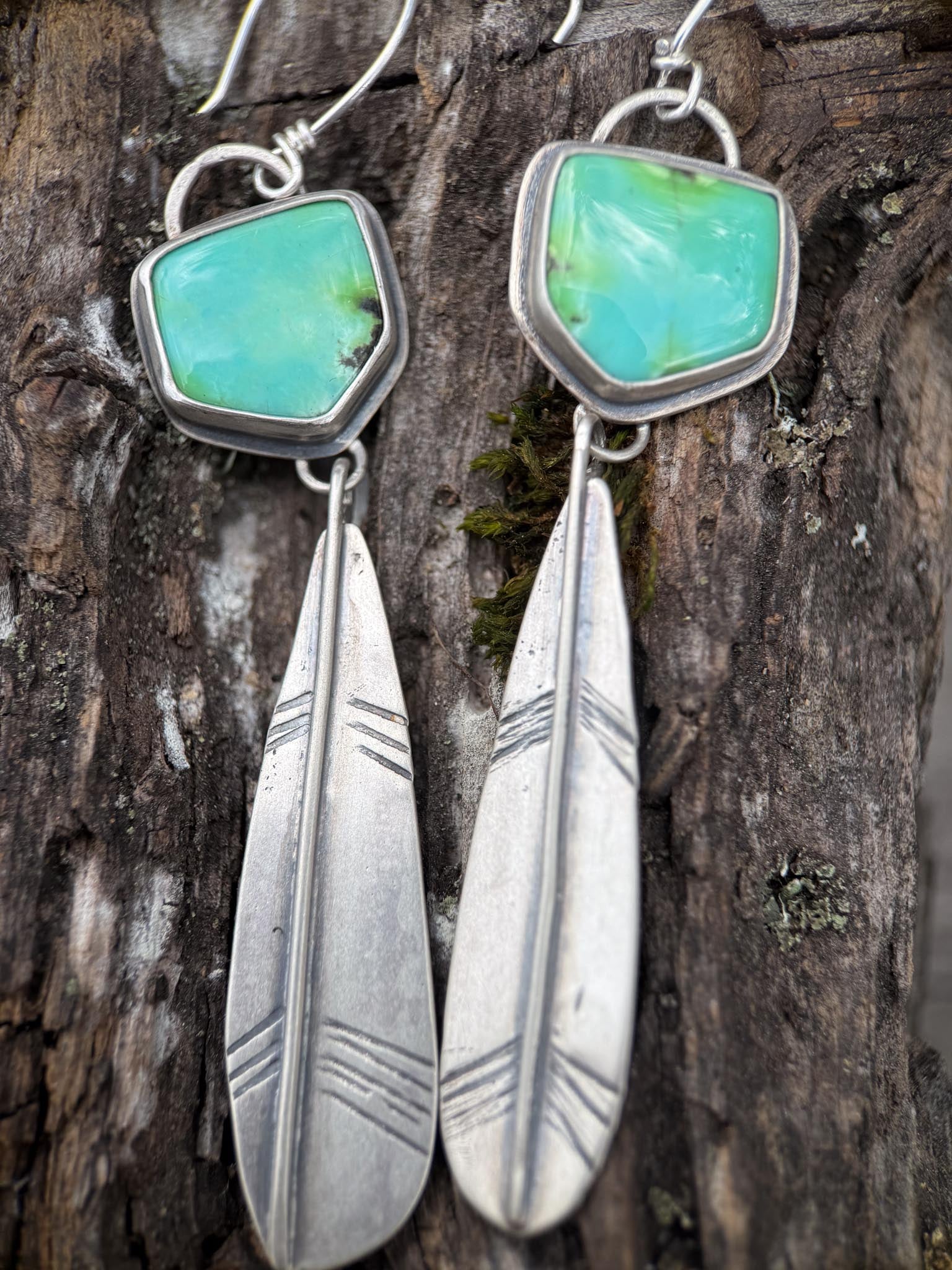 Sonoran Gold Turquoise Feather Earrings | Sterling Silver Dangle Earrings | Handmade in Durango Colorado