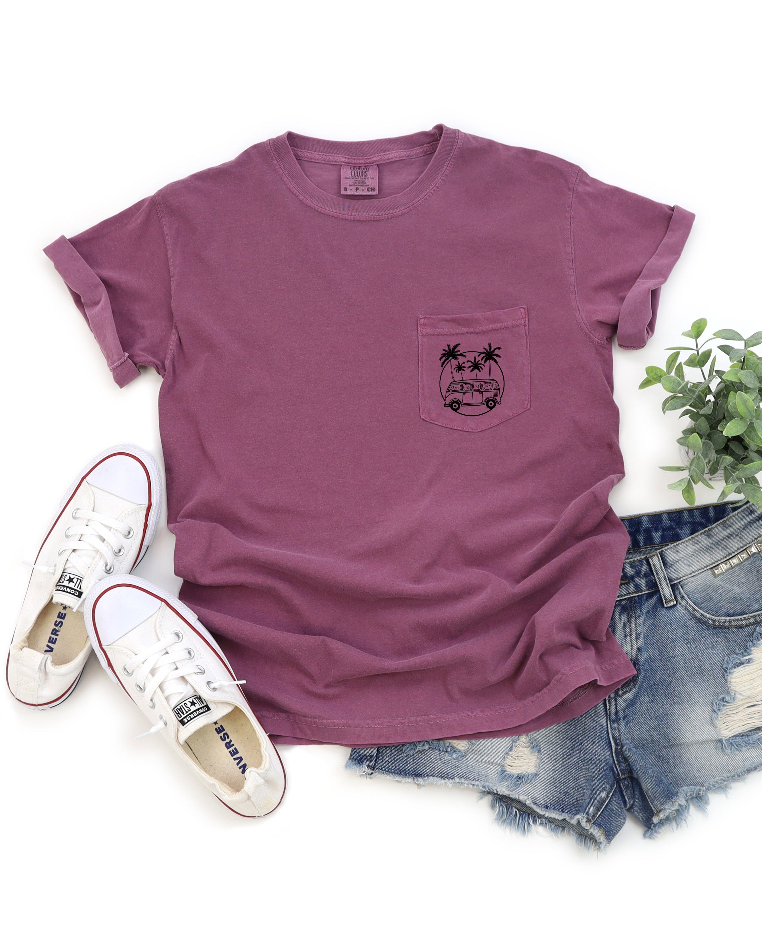 Palm Tree & Camping Car Comfort Colors Pocket T Shirt