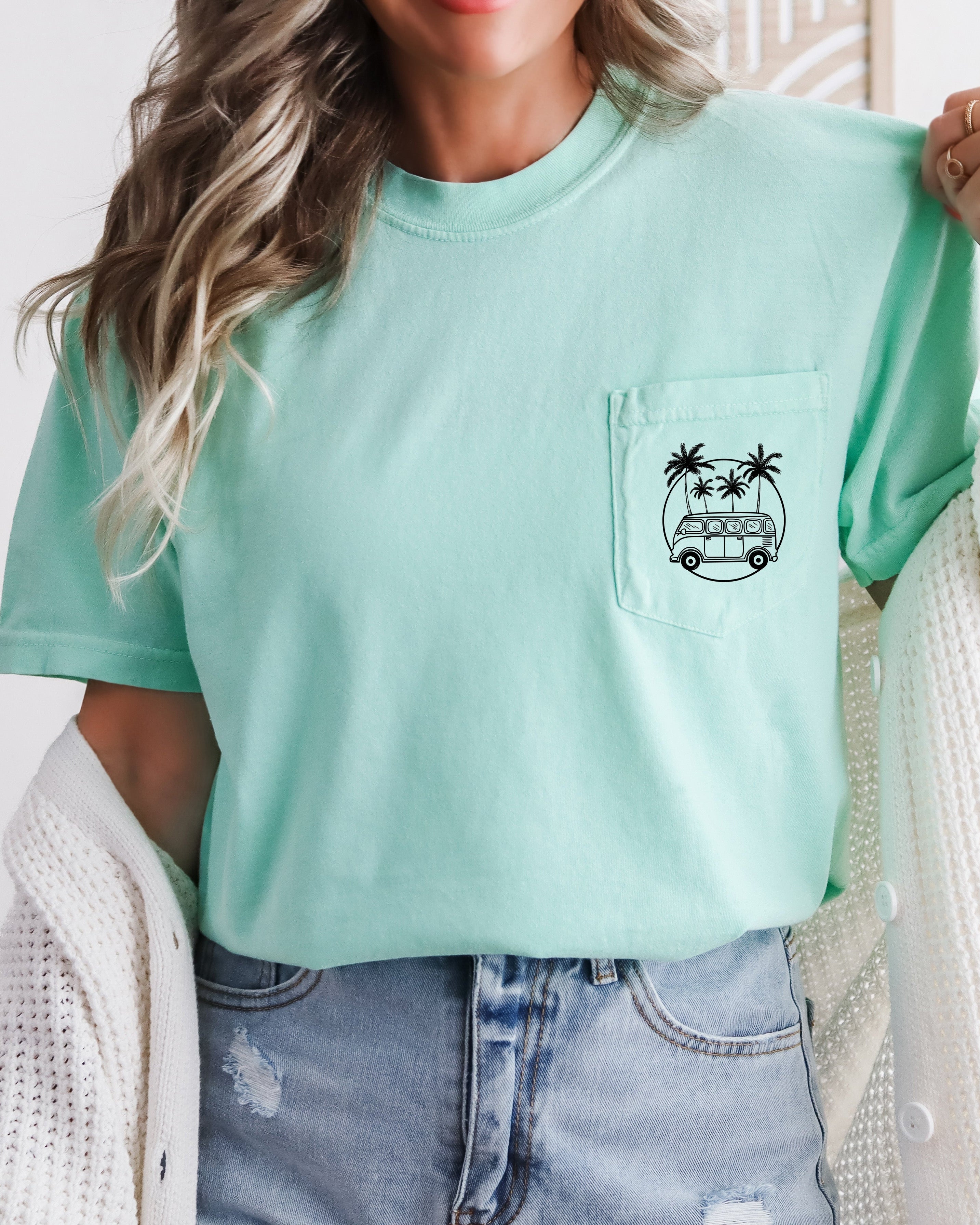Palm Tree & Camping Car Comfort Colors Pocket T Shirt