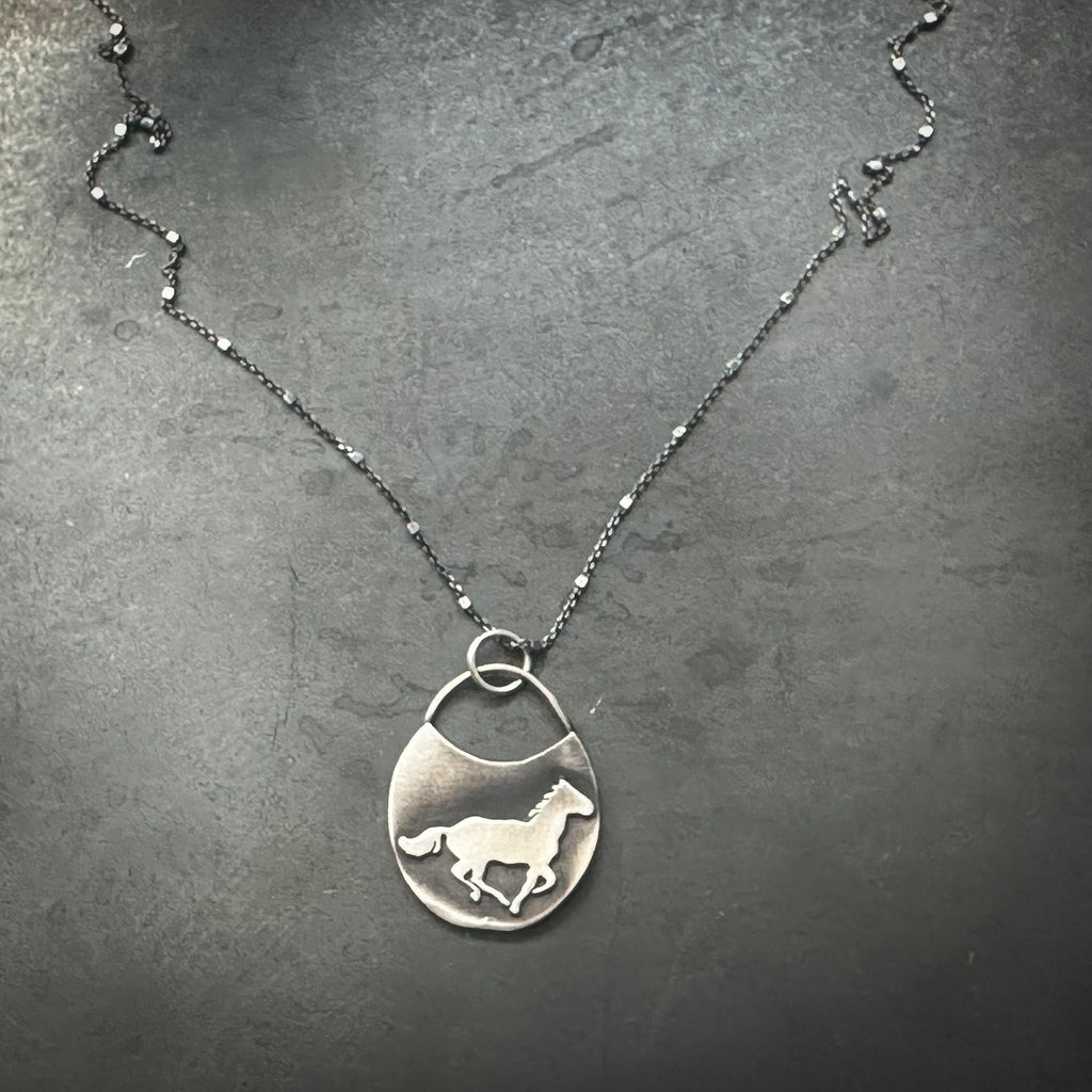 Sterling Silver Horse Talisman Necklace | Galloping Horse on Full Moon