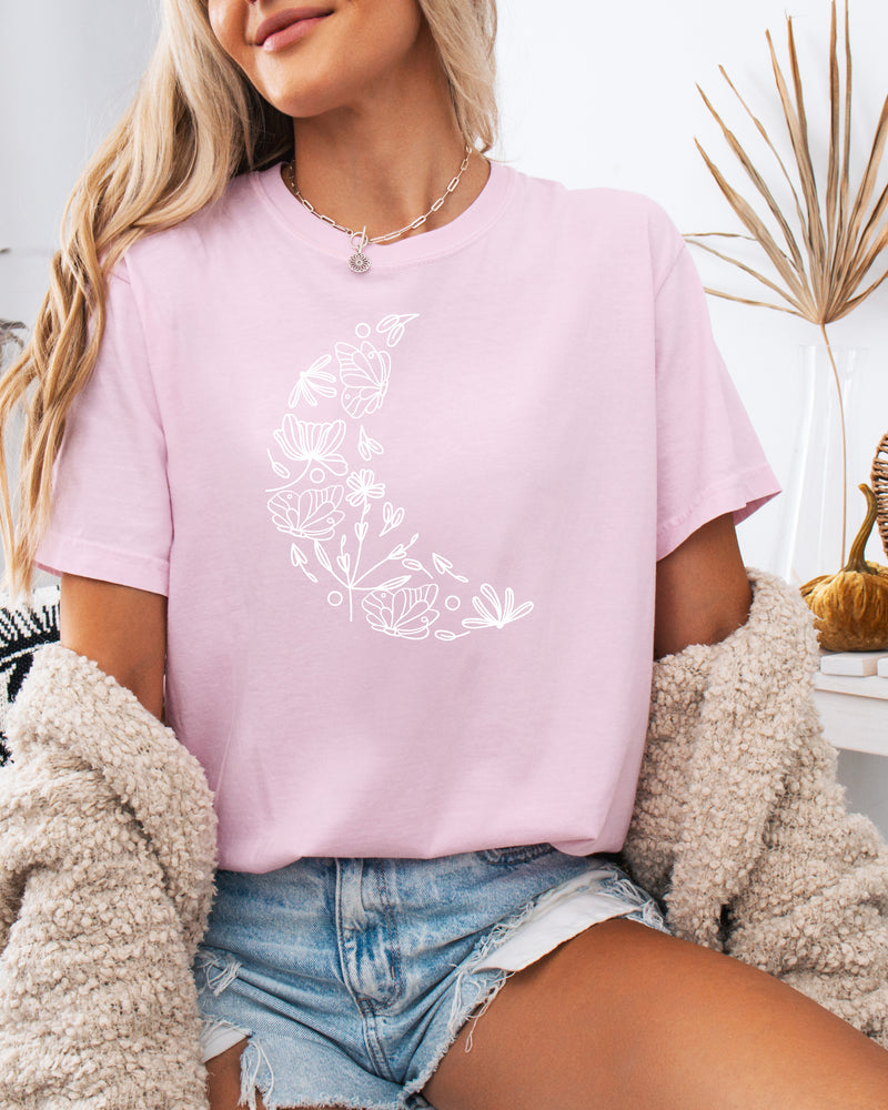 The Moon made of Flowers Nature botanical Garment Dyed T Shirt