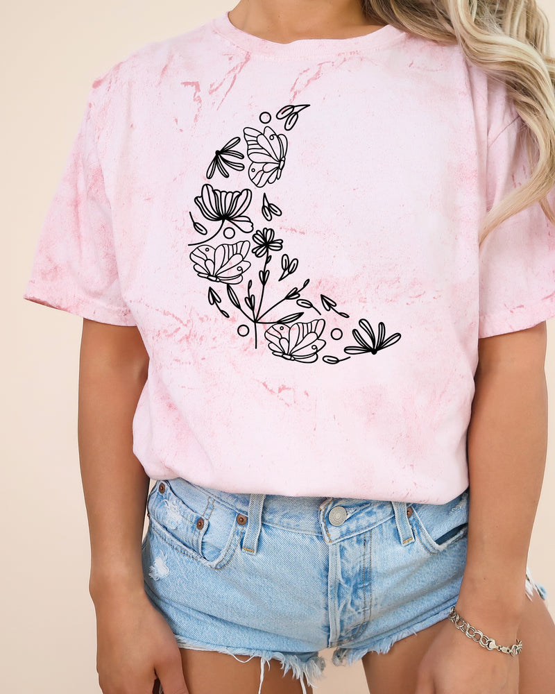 The Moon made of Flowers Nature botanical Garment Dyed T Shirt