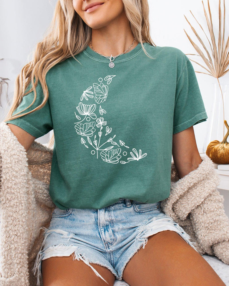 The Moon made of Flowers Nature botanical Garment Dyed T Shirt