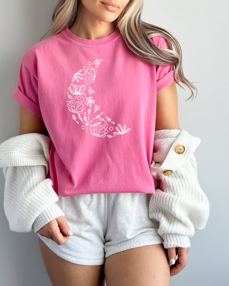 The Moon made of Flowers Nature botanical Garment Dyed T Shirt