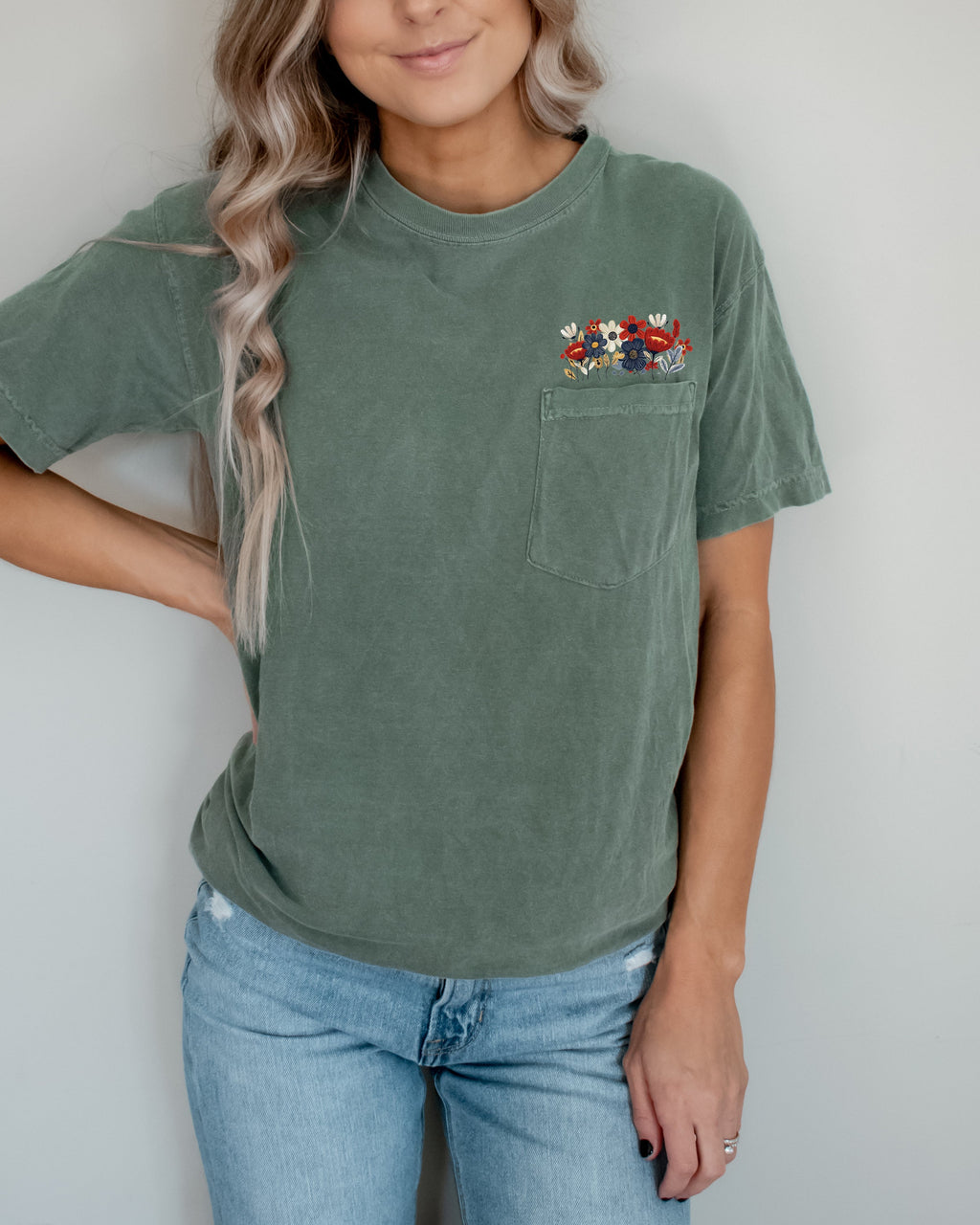 Wildflowers America Flag Color Botanical Comfort Colors Pocket T Shirt