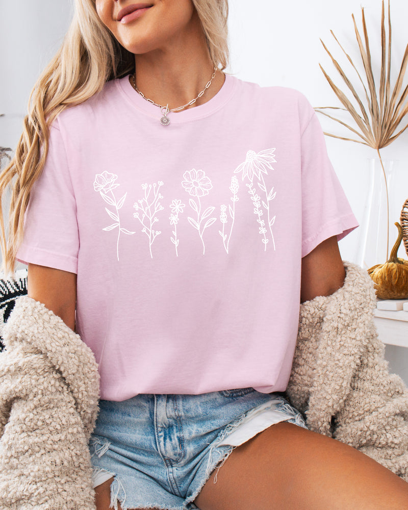 Wildflowers Botanical Plant Nature Garment Dyed T Shirt
