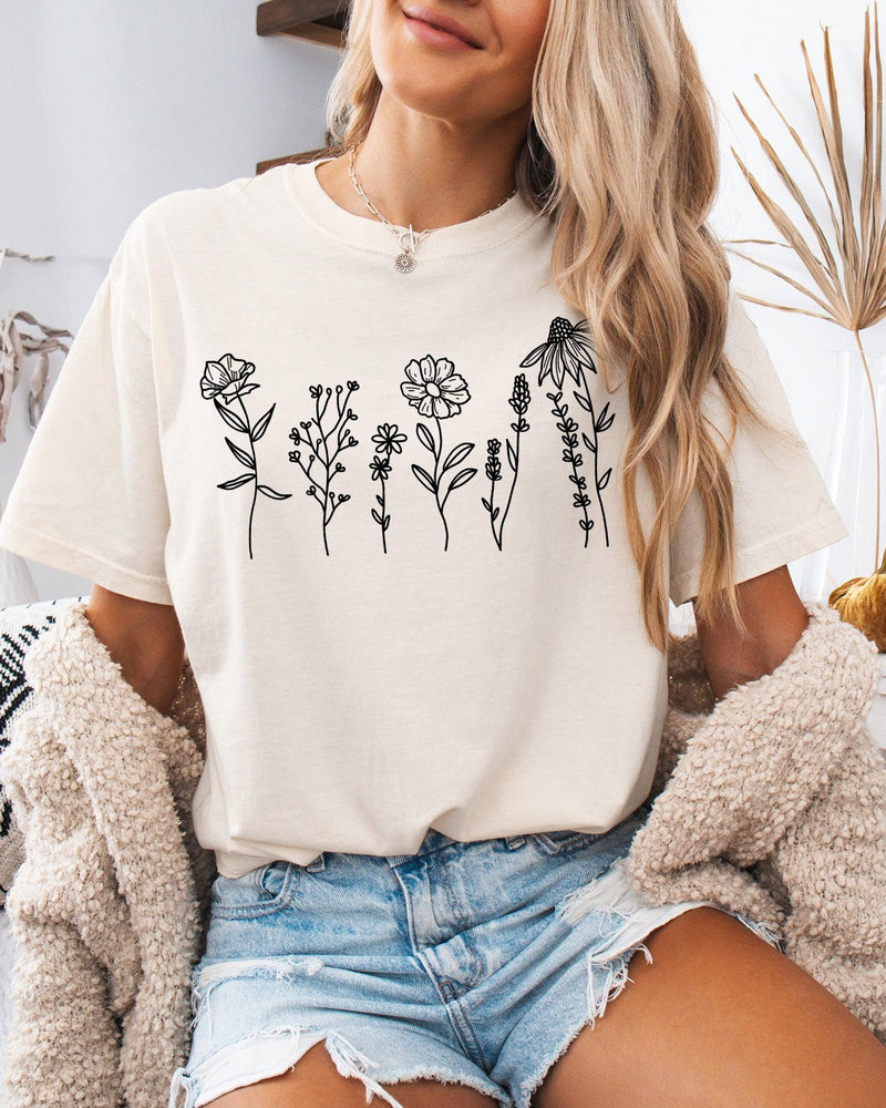 Wildflowers Botanical Plant Nature Garment Dyed T Shirt