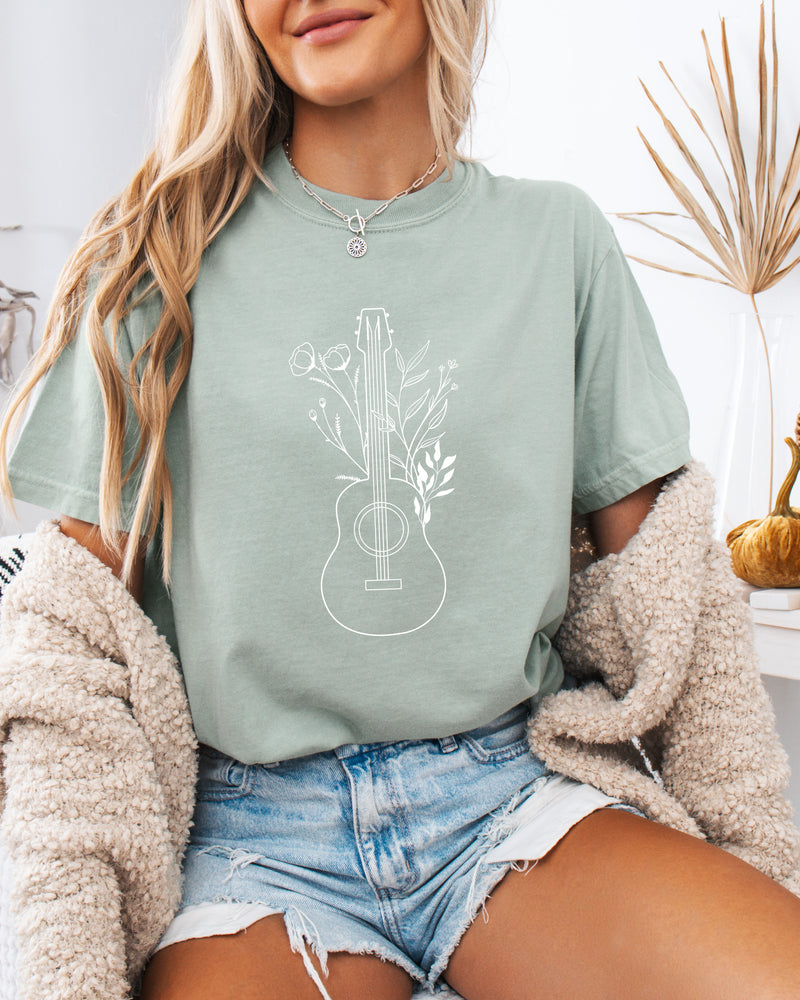 Wildflowers and Guitar Music Nature botanical Garment Dyed T Shirt