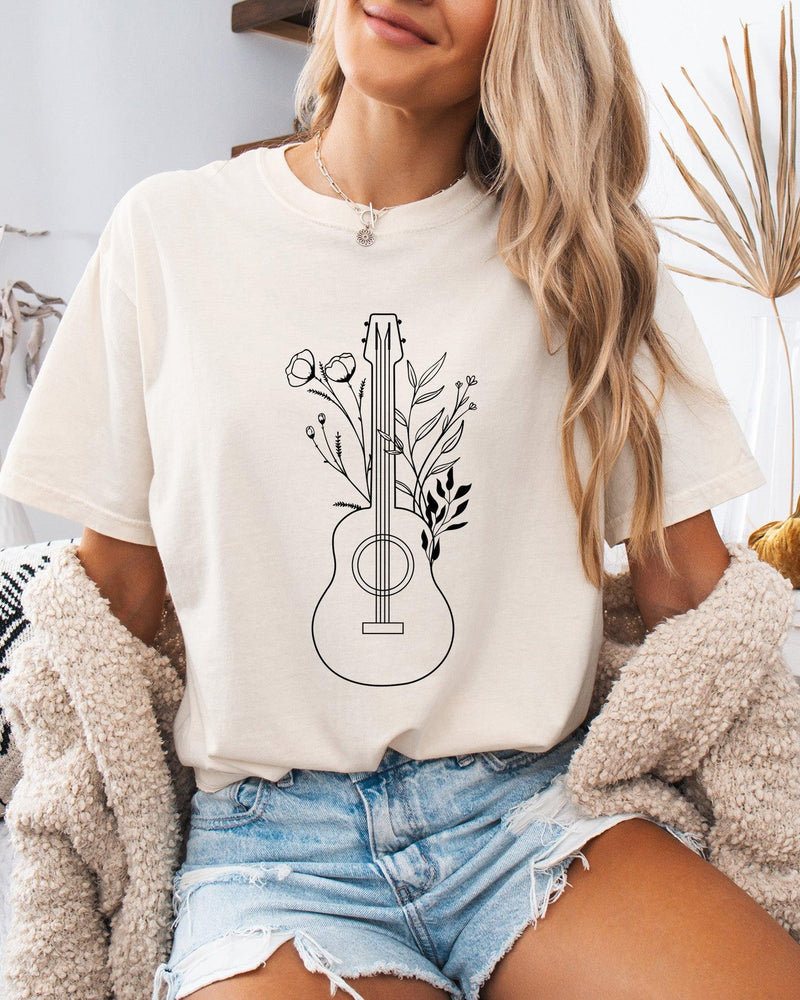 Wildflowers and Guitar Music Nature botanical Garment Dyed T Shirt