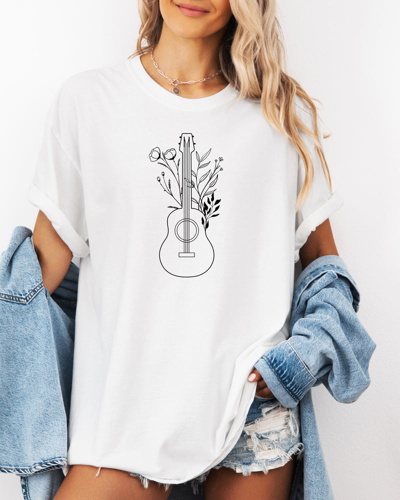 Wildflowers and Guitar Music Nature botanical Garment Dyed T Shirt