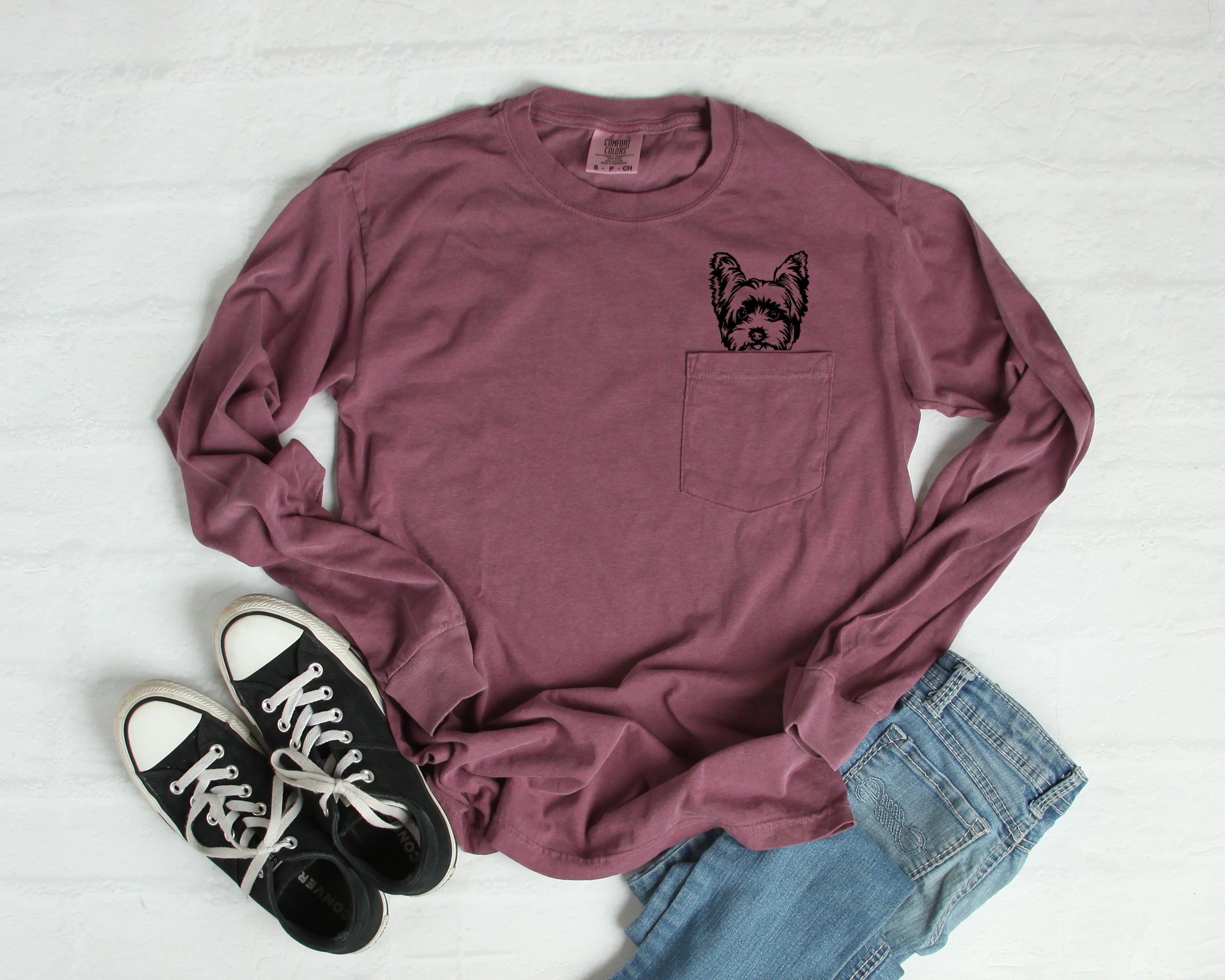 Yorkshire Terrier Yorkie Dog Mom Pocket Comfort Colors Long Sleeve Shirt